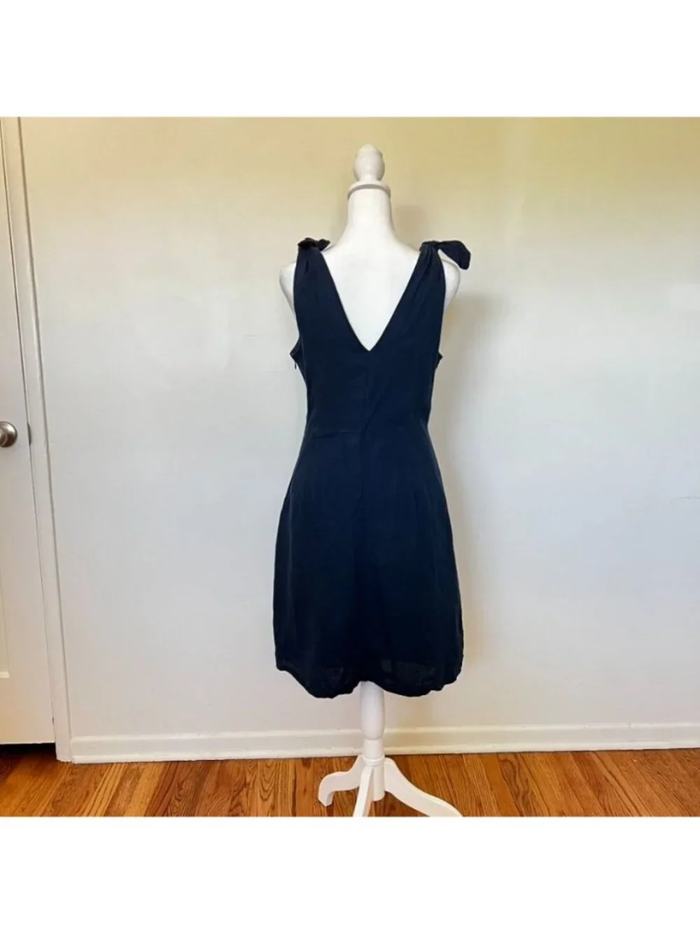 Classic Linen Sleeveless Navy Midi Dress V-Neckline Chic Twee Minimalist Sz 8 - Picture 5 of 16